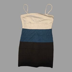 Chic Color Block Mini Dress in White, Blue, and Black